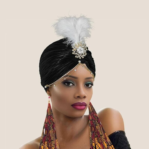 Women Rhinestone Turban Cap Pearl Feather Beanie Vintage Head Cover Hat - Picture 5 of 7